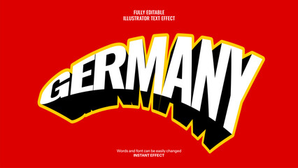 Editable Germany 3D Bold Text Effect with Dynamic Curved Style and Sharp Shadows on Red Background.