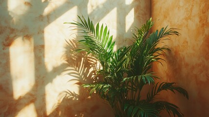Bright and airy interior space with tropical plants and golden sunlight casting shadows.
