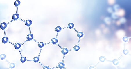 Horizontal banner with model of abstract molecular structure. Background of blue color with glass atom model. Copy space for your text. 3d render