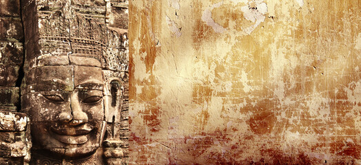 Horizontal background with ancient bas-relief with king face. Horizontal banner with stone ornament...