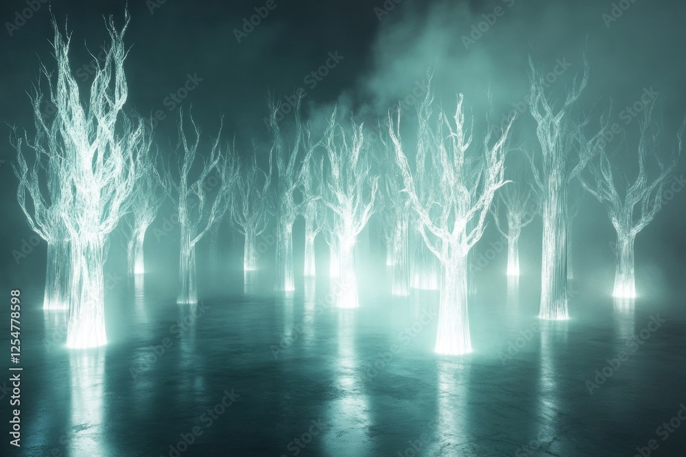 Leinwandbilder glowing abstract forest with luminous tree shapes reflecting in glass like ground. generative ai