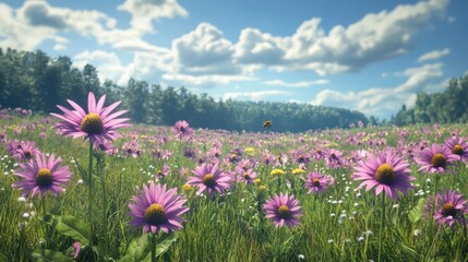 Vibrant purple coneflowers in a sunny field, a bee in flight. Ideal for nature, spring, and serenity themes, evokes peace and beauty.