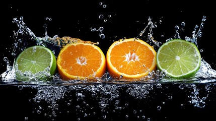 Fresh Citrus Fruits Splashing in Water on a Black Background