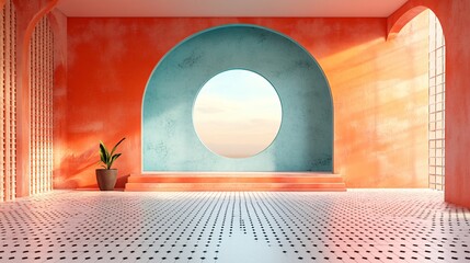 Colorful geometric architectural structure with a round window, featuring vibrant orange and blue tones.
