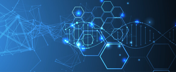 Glowing neon DNA chain. Biotechnology, biochemistry, science, medicine concept.