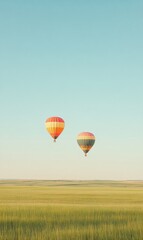 Obraz premium Colorful hot air balloons float gracefully over an expansive green field during a clear day. Generative AI