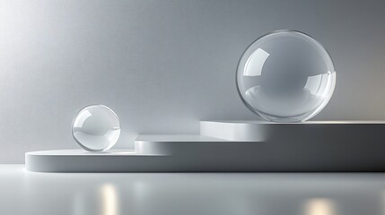 Abstract glass spheres on a reflective white surface with soft lighting, creating a futuristic aesthetic.
