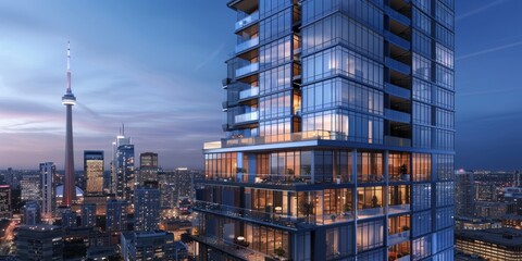 Stunning Modern Skyscraper in Toronto Cityscape at Twilight