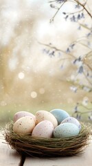Easter eggs nest on wooden table, blurred spring garden, easter celebration, holiday background, for spring design, festive banner, vertical greeting card
