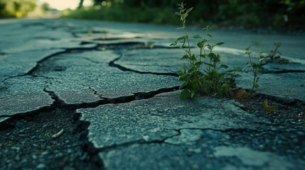 Fototapeta premium A close-up of deep asphalt cracks stretching across a worn road surface, with weeds growing through the gaps.
