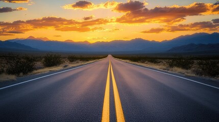 Naklejka premium Desert highway sunset, mountains background, travel, freedom