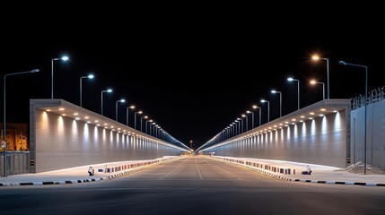 Fototapeta premium Empty Illuminated Road Tunnel at Night