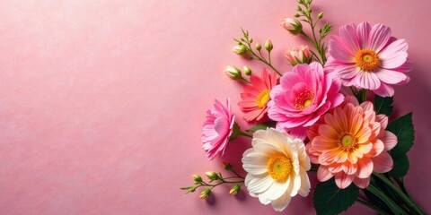 Delicate floral arrangement of pastel blossoms on a soft pink background, showcasing a variety of flower types and textures, creating a serene and elegant composition.