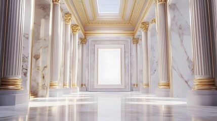 Fototapeta premium A grand marble hallway with high ceilings, gold accents, and a large white frame hanging symmetrically.