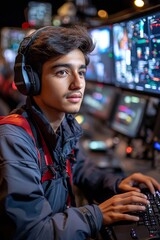 Obraz premium Young man focuses intently on multiple screens while engaging in an electronic competition at night