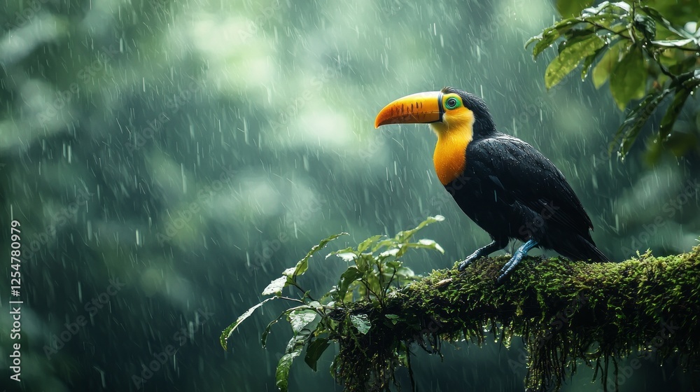 Poster a vibrant toucan sits gracefully on a moss-covered branch amidst a serene rainforest. raindrops fall
