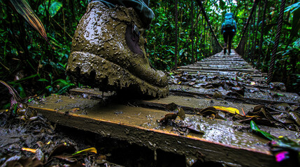 Hiker Trekking Through Lush Rainforest on Wooden Pathway with Muddy Boots, Nature Scene