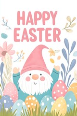 Cute Easter gnome illustration with decorated eggs and white birds in spring garden. Whimsical holiday art in pastel colors. Spring celebration concept. greeting cards and children content. Vertical 