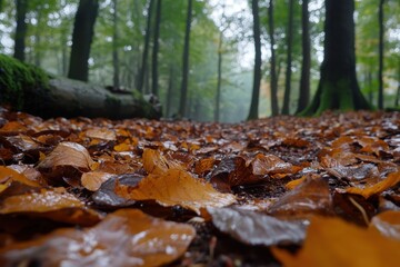 Wet autumn leaves cover forest floor. Perfect for fall, nature, and tranquility themes.