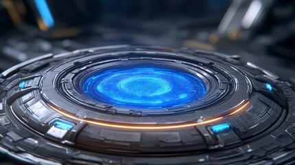 Abstract futuristic circular object featuring glowing blue and orange lights, intricate metallic design, dark background, complex technology