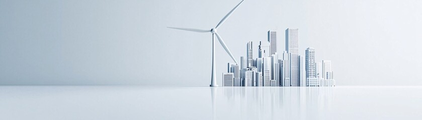 isometric 3D rendering of a micro wind turbine for urban rooftops, compact and stylish design, clean city skyline, smart city concept, renewable energy solution, modern urban environment