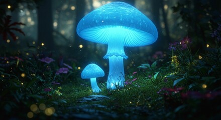 Fototapeta premium Magical Glowing Mushrooms in Enchanted Forest Night Scene