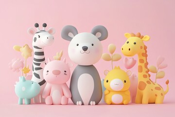 Naklejka premium A adorable 3D group of flat, cartoon-like animals in soft pastel colors, perfect for toddlers' nursery decor, kids' books, and playful designs