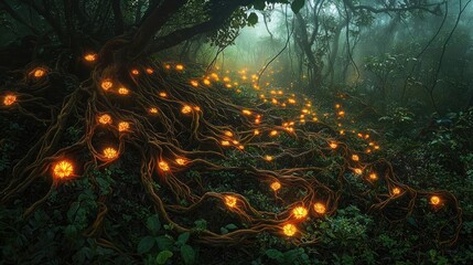 Glow forest idea. A mystical forest scene with glowing roots and ethereal ambiance.