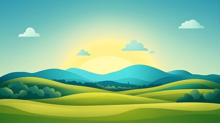 Obraz premium Serene Sunrise Over Rolling Green Hills And Blue Mountains