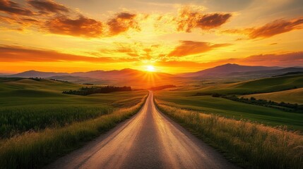 Naklejka premium Sunset road journey, hills, vibrant sky, travel