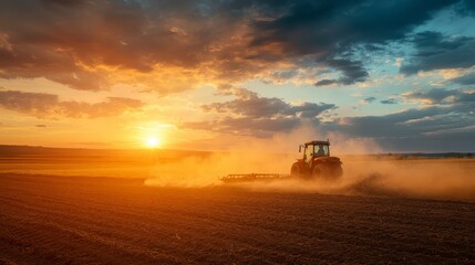 Agricultural machine working a field at sunset, golden light, dramatic clouds, dust clouds, rural scene, farming operation, cultivating farmland
