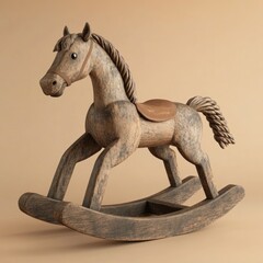 Antique wooden rocking horse, studio shot, beige background, childhood memories
