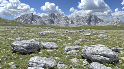 Vast alpine meadow dotted with light gray rocks, vibrant green grass, and small white flowers, stretches beneath a clear blue sky with scattered