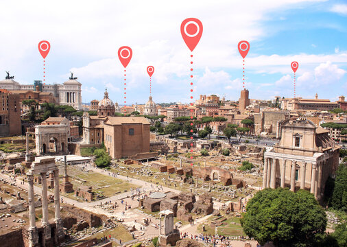 Top view on Roman forum, Rome, Italy and location pin. Planning a tourist trip. Travel way,  find trip, point navigation concept. Global positioning system pin map. Modern travel, sightsee, tourism
