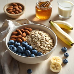 The warm and natural lighting enhances the textures and colors of the ingredients, from the crispness of the almonds to the glossiness of the honey and the vibrant freshness of the fruits.