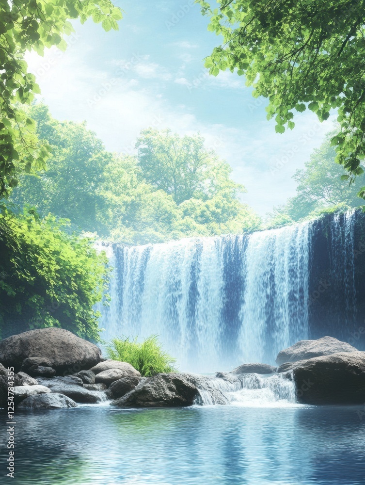 Aufkleber waterfall cascades over rocks surrounded by lush greenery in a serene natural setting during daytime