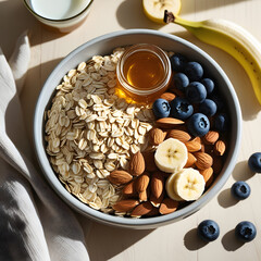 The warm and natural lighting enhances the textures and colors of the ingredients, from the crispness of the almonds to the glossiness of the honey and the vibrant freshness of the fruits.