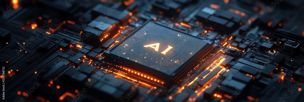 Poster microchip design with glowing elements showcasing advanced artificial intelligence technology and in