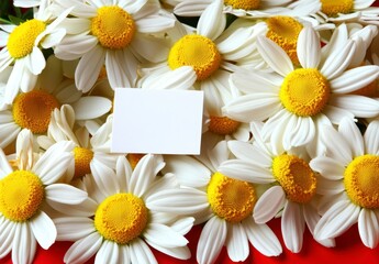 Blank white card surrounded by many white flowers with yellow centers on a red background, bright lighting, close up view of flowers