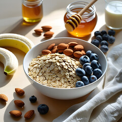 The warm and natural lighting enhances the textures and colors of the ingredients, from the crispness of the almonds to the glossiness of the honey and the vibrant freshness of the fruits.