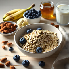 The warm and natural lighting enhances the textures and colors of the ingredients, from the crispness of the almonds to the glossiness of the honey and the vibrant freshness of the fruits.