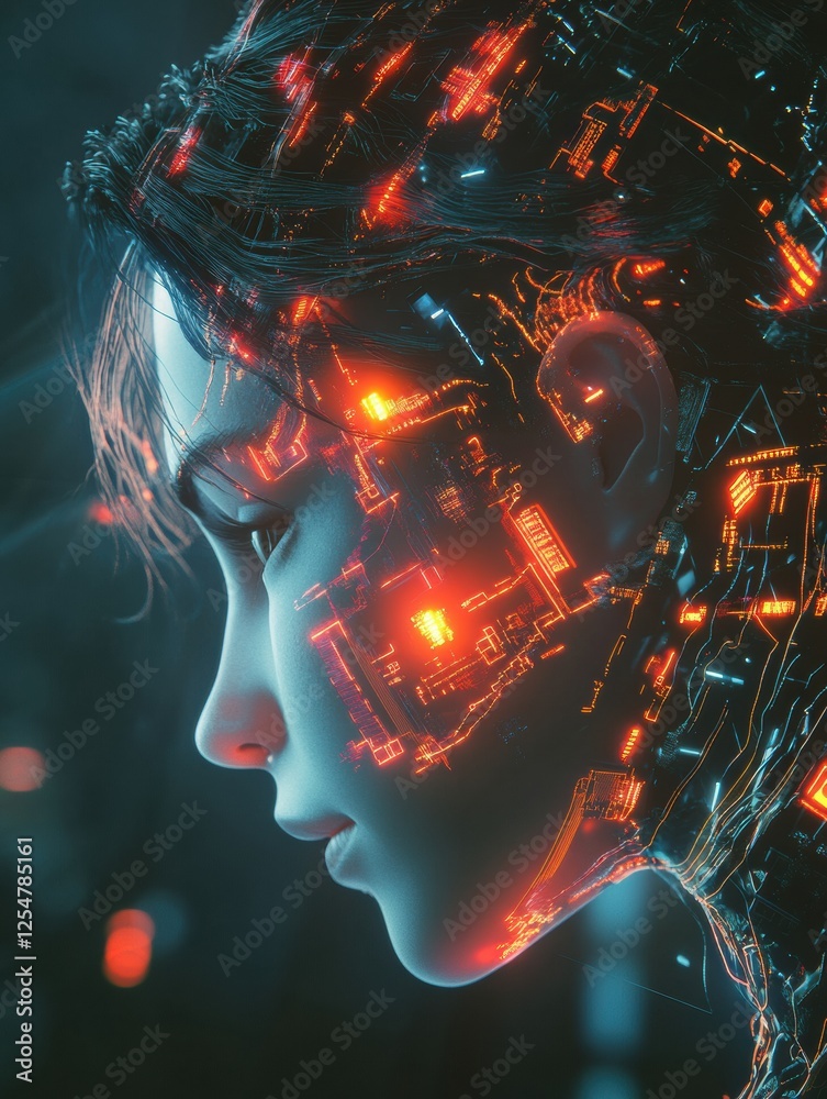 Poster abstract digital representation of a brain with glowing circuits in a futuristic setting during a te