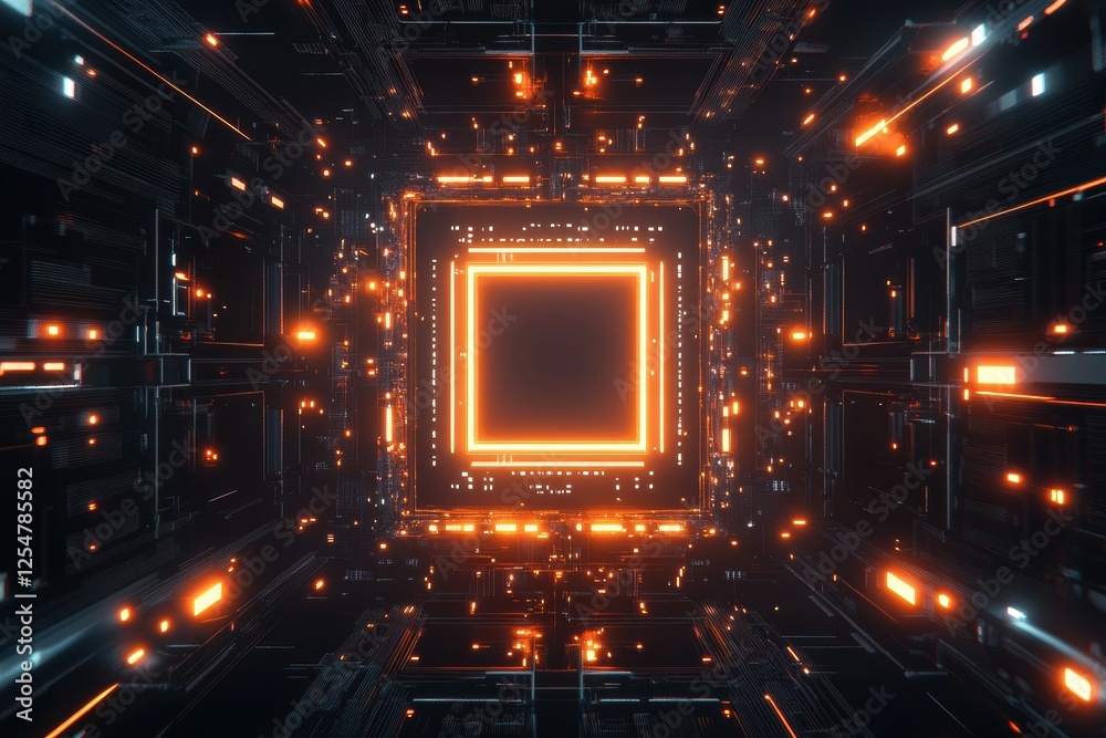 Poster Microchip technology displayed in a futuristic digital environment with glowing elements and intricate designs. Generative AI