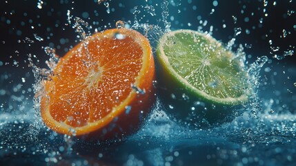 Fresh Orange and Lime Slices with Water Splashing Effect