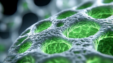 Close up view of a cellular structure, featuring a light gray surface with numerous round holes and glowing green accents