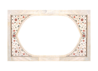 Frame with ancient carved floral decor on marble wall. Vertical or horizontal border with floral...