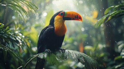 Obraz premium A striking toucan sits elegantly on a leaf, surrounded by rich foliage in a vibrant rainforest. Raindrops glisten on the leaves, enhancing the scene's lush beauty and tranquility