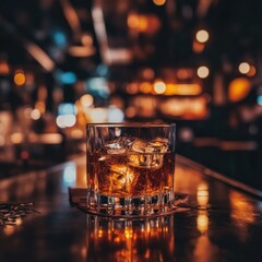 Whiskey on bar, nightlife bokeh, relaxing drink