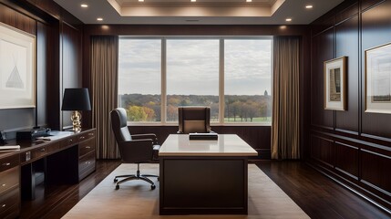 A high-end executive office with floor-to-ceiling windows, dark wood paneling, and a white frame above the desk.