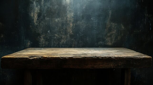 Rustic wooden table against a dark, textured wall. Ideal for showcasing products or creating moody, atmospheric scenes.